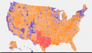 Gold is Trump, Purple is Sanders, Red is Cruz